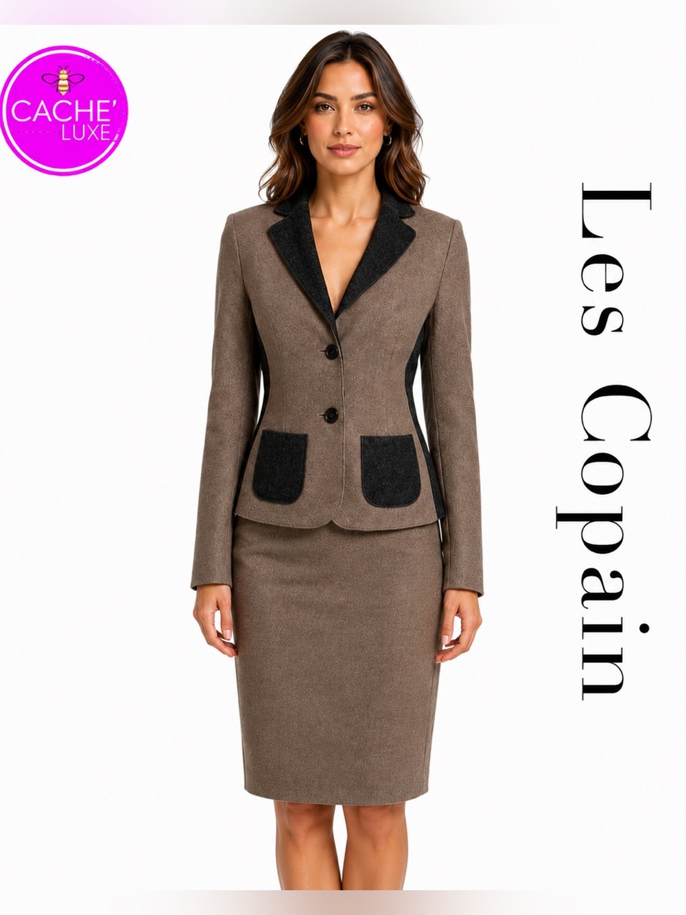 Les Copains Beige & Gray Wool Skirt Set • 42 NWOT